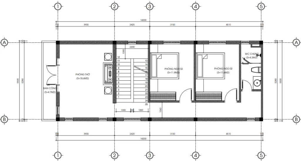 Bản vẽ bố trí công năng tầng 2 diện tích 83m2 mẫu nhà ống 2 tầng hiện đại của anh Dương.
