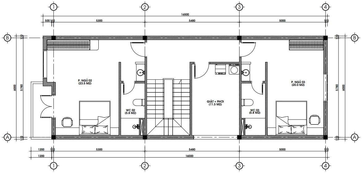Bản vẽ bố trí công năng tầng 2 mẫu nhà ống 3 tầng hiện đại diện tích 95m2