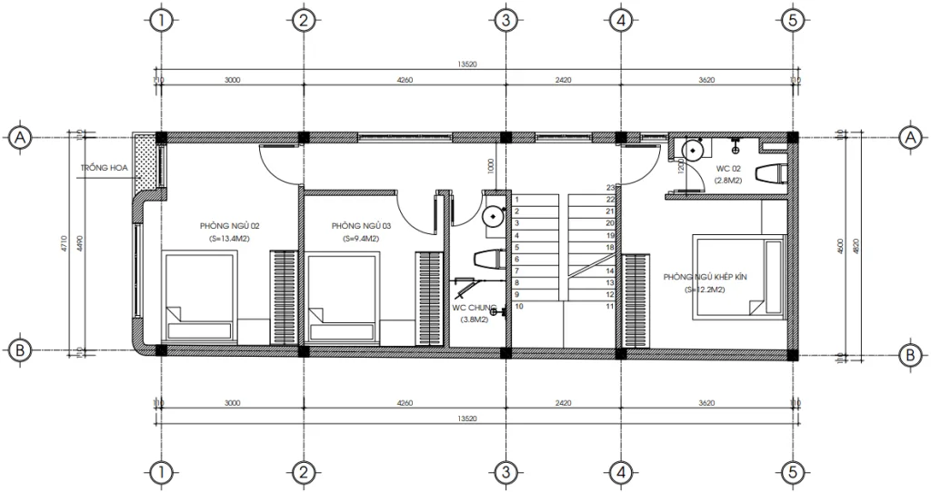 Bản vẽ bố trí công năng tầng 2 mẫu nhà ống 3 tầng hiện đại diện tích 64m2 gồm 3 phòng ngủ.
