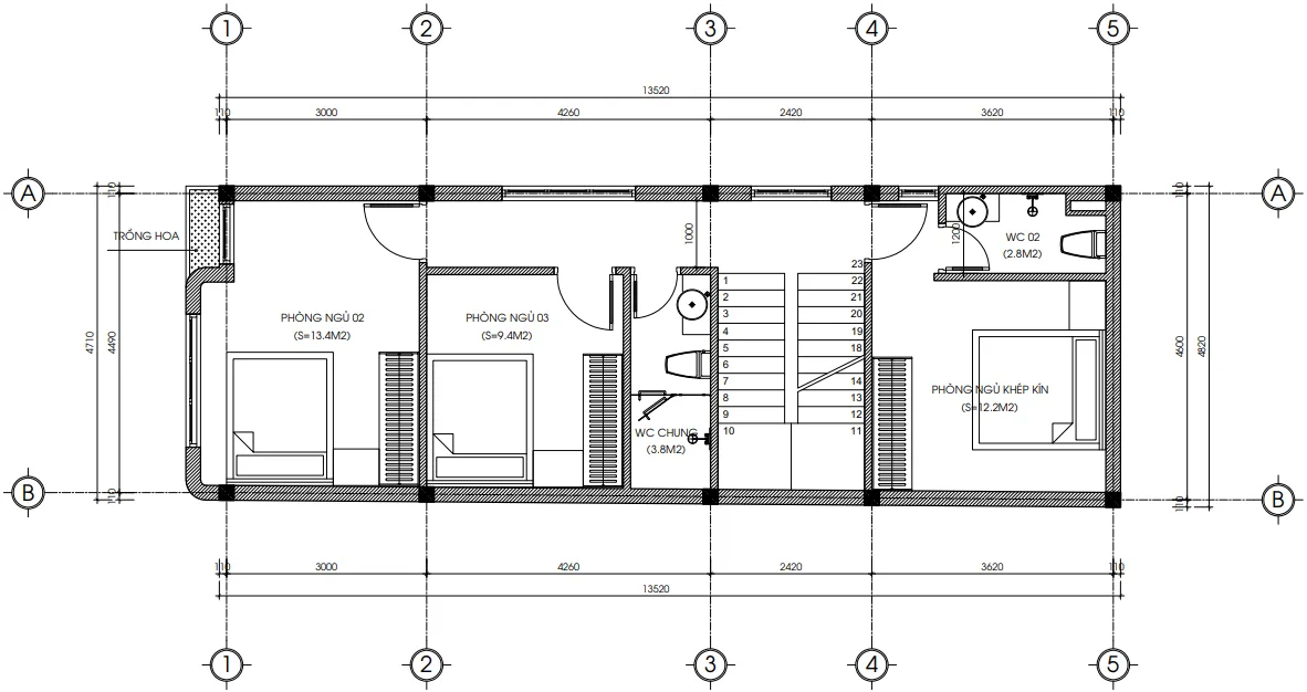 Bản vẽ bố trí công năng tầng 2 mẫu nhà ống 3 tầng hiện đại diện tích 64m2 gồm 3 phòng ngủ.