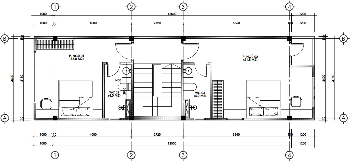 Bản vẽ chi tiết mặt bằng công năng tầng 2 mẫu nhà ống 3 tầng đẹp diện tích 65m2.