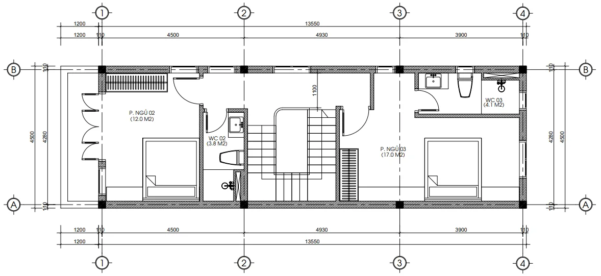 Bản vẽ bố trí công năng tầng 2 mẫu nhà ống 3 tầng hiện đại diện tích 66m2.