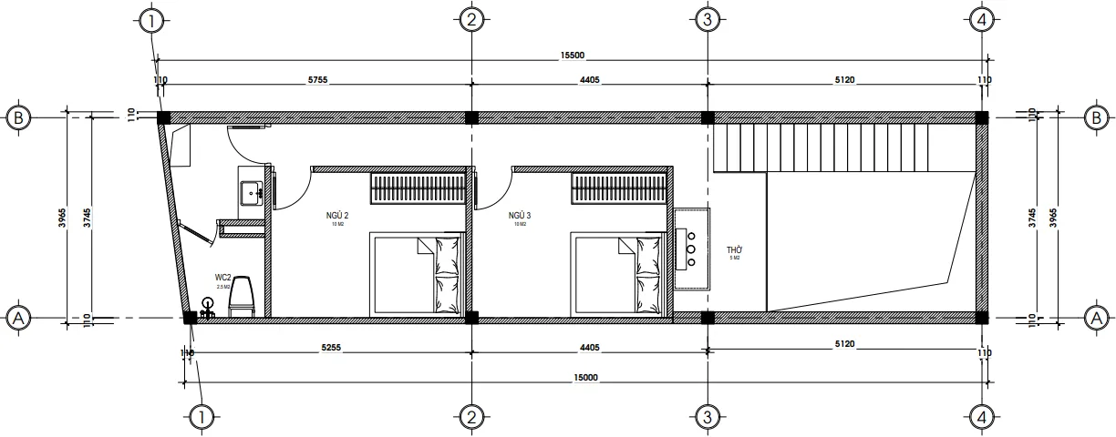 Bản vẽ mặt bằng công năng tầng 2 mẫu nhà ống 2 tầng hiện đại diện tích 40m2.