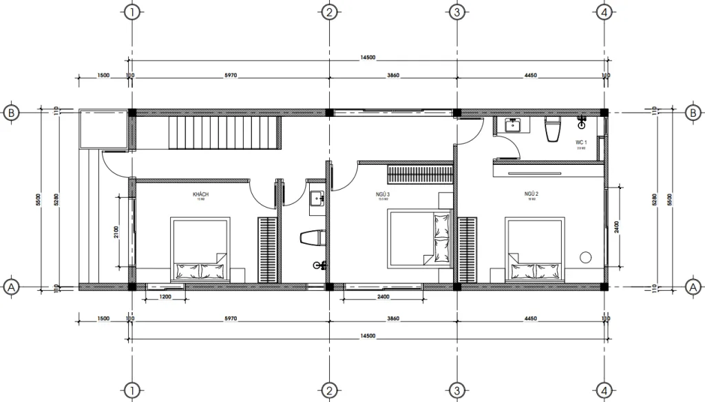 Bản vẽ bố trí công năng tầng 2 mẫu nhà ống 2 tầng hiện đại diện tích 84m2 của Techhome.