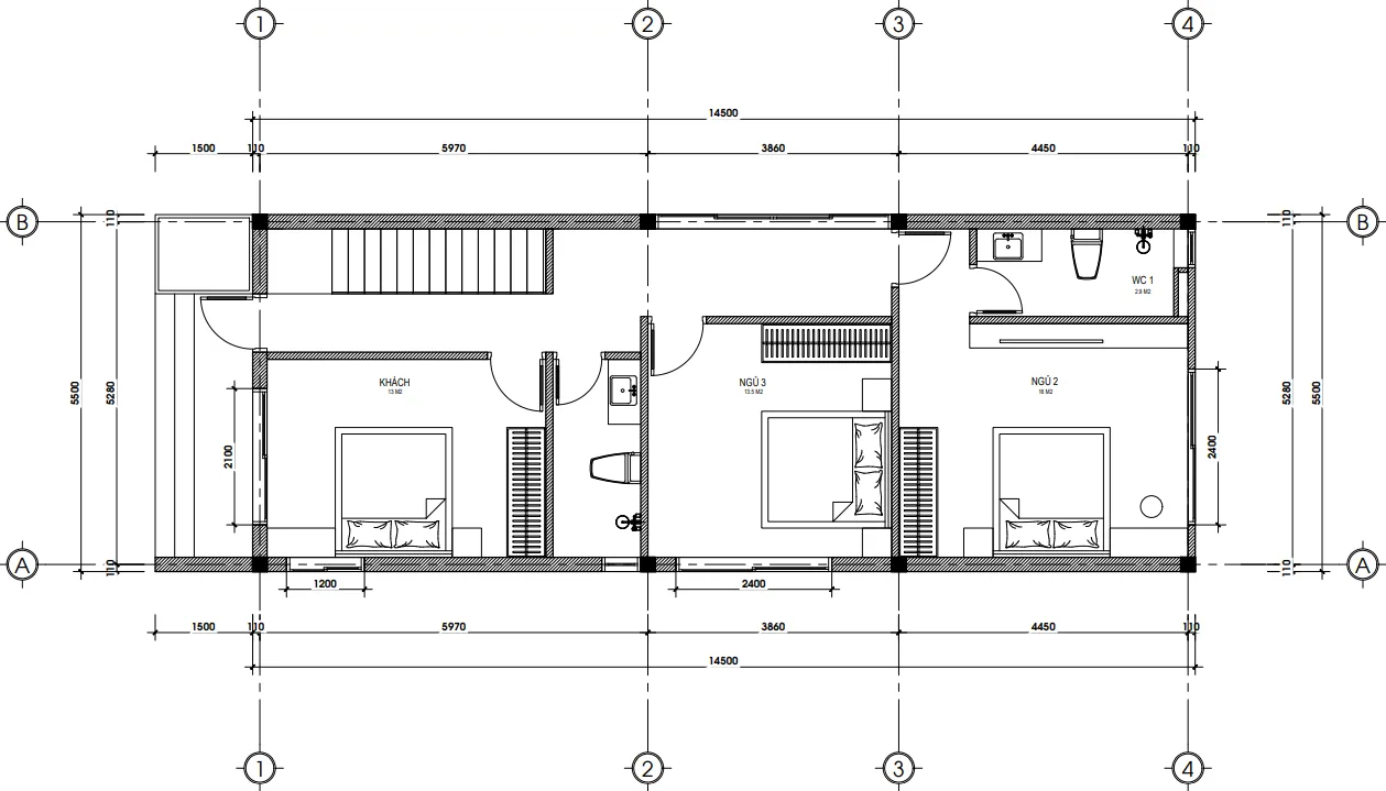 Bản vẽ bố trí công năng tầng 2 mẫu nhà ống 2 tầng hiện đại diện tích 84m2 của Techhome.
