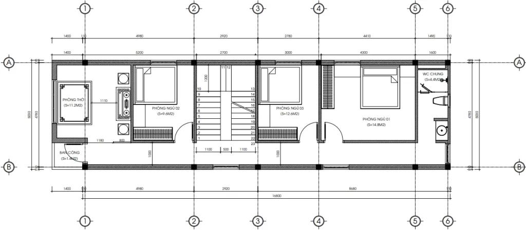 Bản vẽ chi tiết tầng 2 mẫu nhà ống 2 tầng 4 phòng ngủ gồm 3 phòng ngủ và phòng thờ.