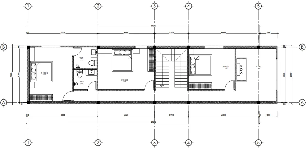 Bản vẽ chi tiết bố trí công năng tầng 2 mẫu nhà phố 2 tầng hiện đại diện tích 107m2