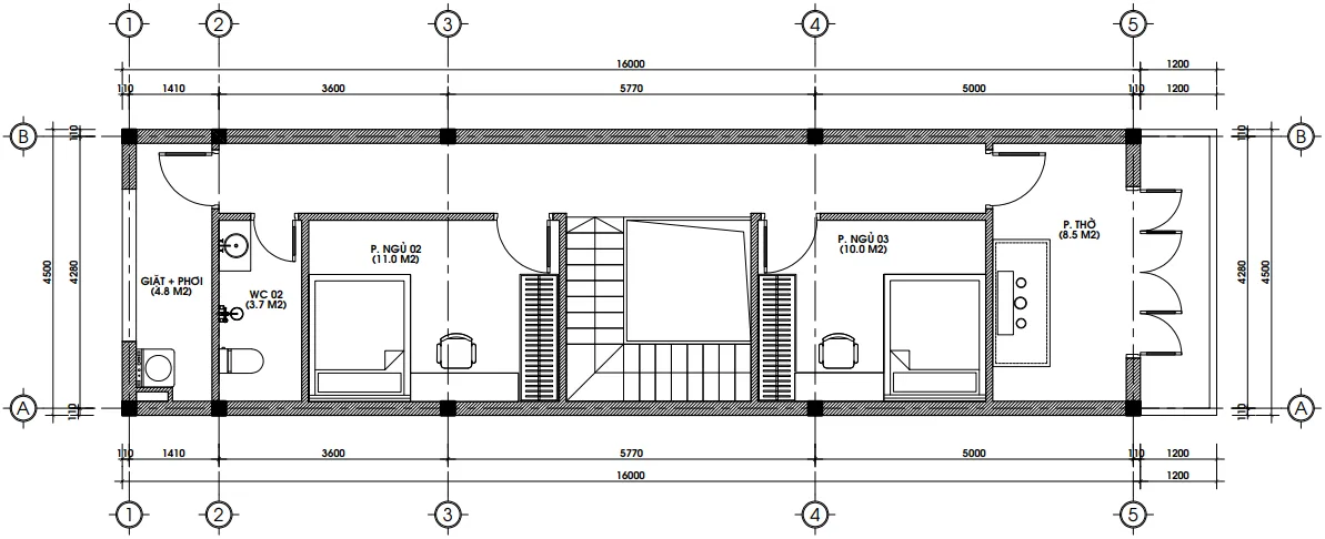 Bản vẽ mặt bằng tầng 2 mẫu nhà phố 2 tầng hiện đại gồm phòng thờ, 1 ngủ và khu giặt phơi.