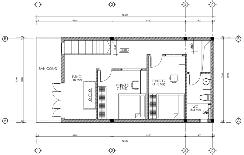Bản vẽ bố trí công năng tầng 2 mẫu nhà phố 2 tầng hiện đại có diện tích 75m2