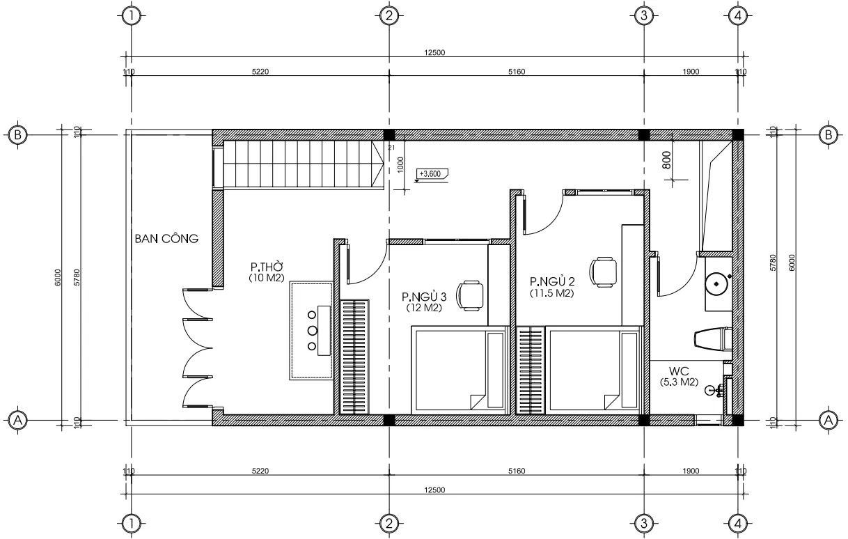Bản vẽ bố trí công năng tầng 2 mẫu nhà phố 2 tầng hiện đại có diện tích 75m2