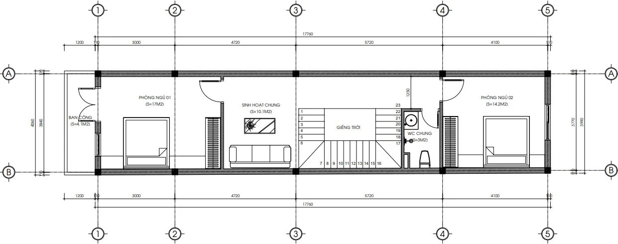 Bản vẽ bố trí công năng tầng 2 mẫu nhà phố 3 tầng hiện đại diện tích thiết kế 76m2.
