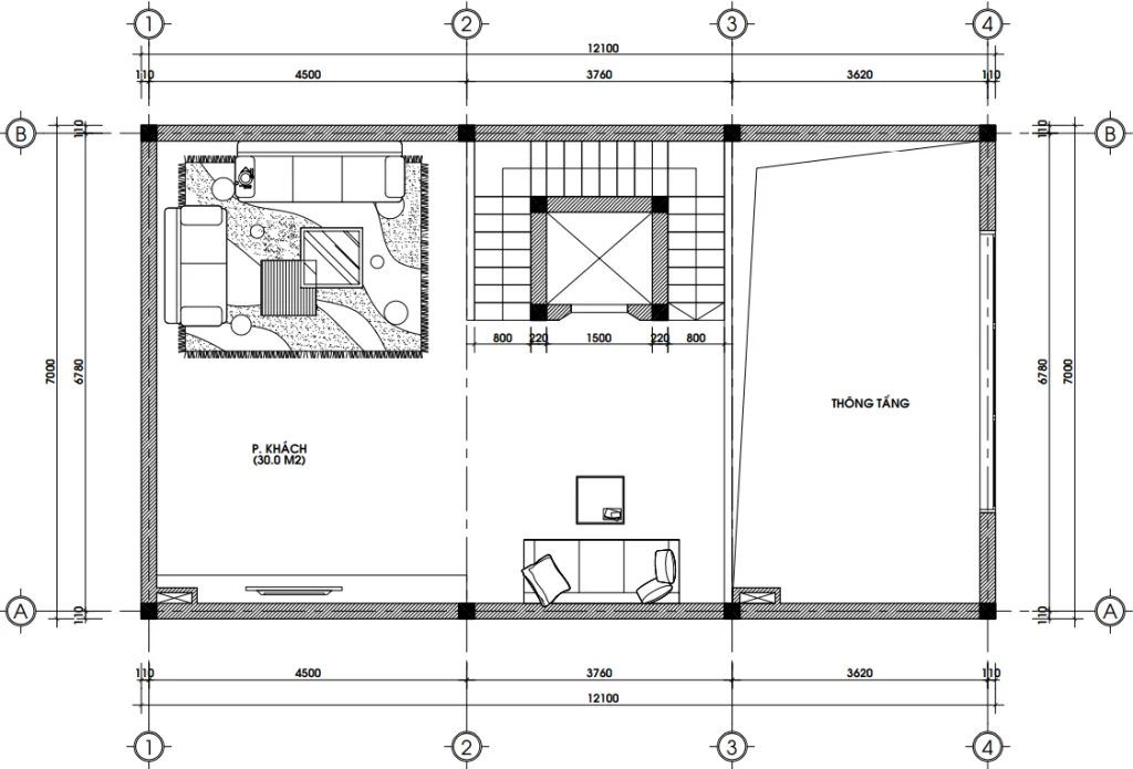 Bản vẽ bố trí công năng tầng 2 mẫu nhà phố tân cổ điển 5 tầng diện tích 85m2 có phòng khách.