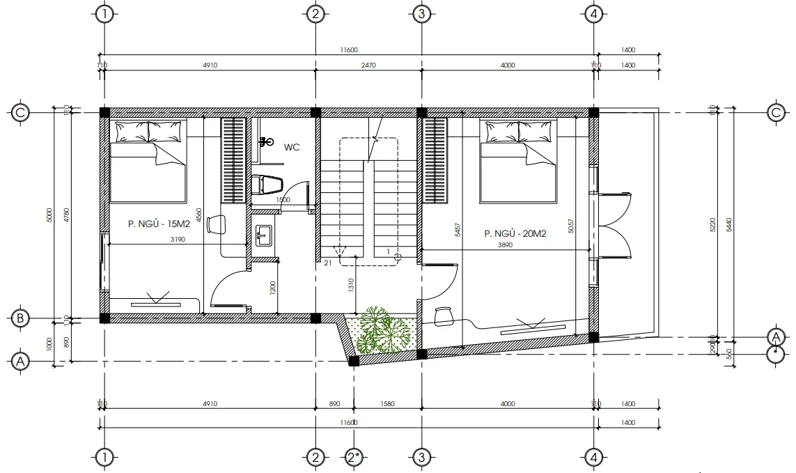 Bản vẽ mặt bằng tầng 2 mẫu nhà phố tân cổ điển 3 tầng diện tích 65m2 gồm 2 phòng ngủ