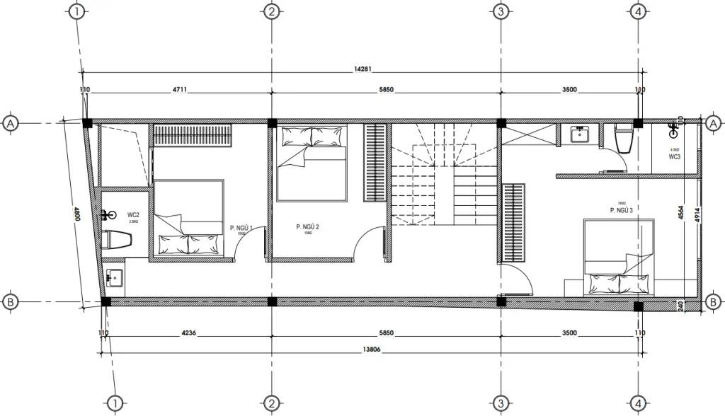 Bản vẽ chi tiết mặt bằng công năng tầng 2 mẫu nhà phố 3 tầng hiện đại diện tích 75m2.
