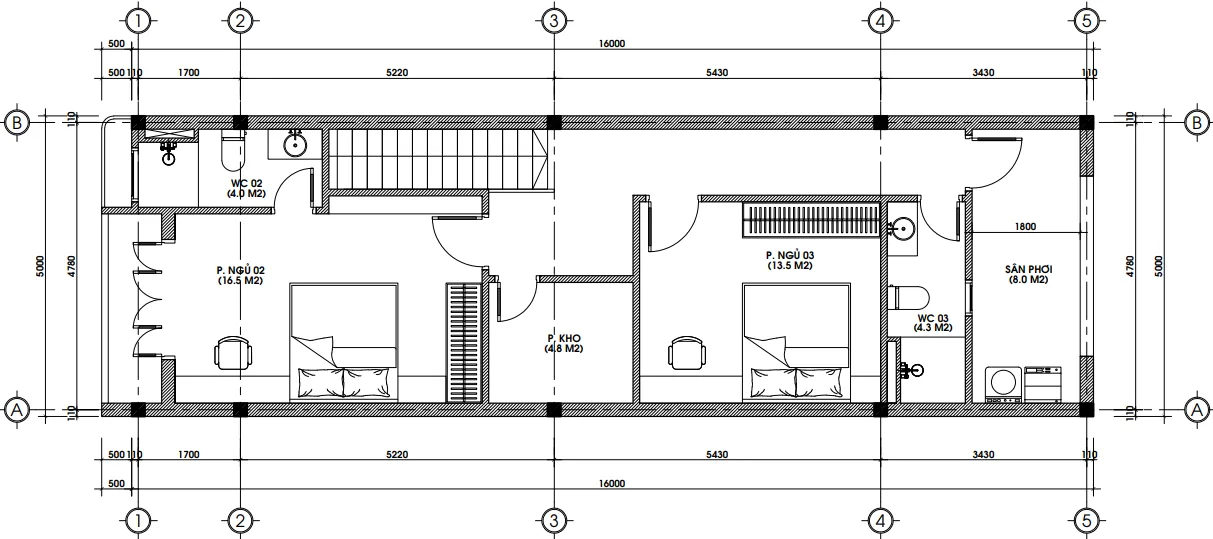 Bản vẽ mặt bằng tầng 2 mẫu nhà phố 2 tầng hiện đại diện tích 82m2 với 2 phòng ngủ và sân phơi.