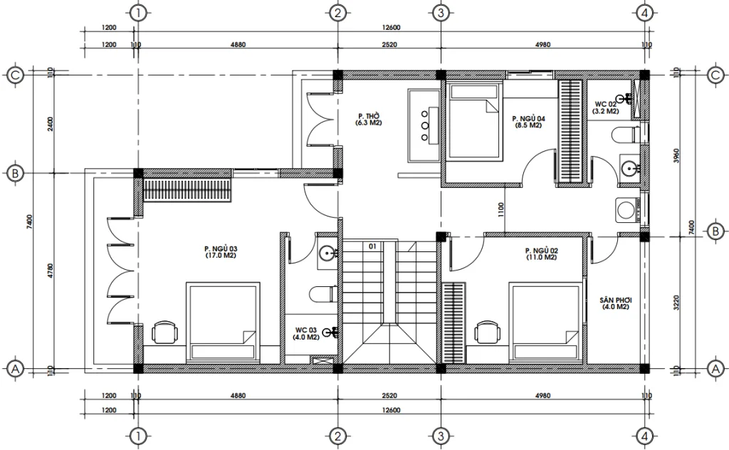 Bản vẽ mặt bằng công năng tầng 2 mẫu nhà phố 2 tầng hiện đại diện tích 85m2.