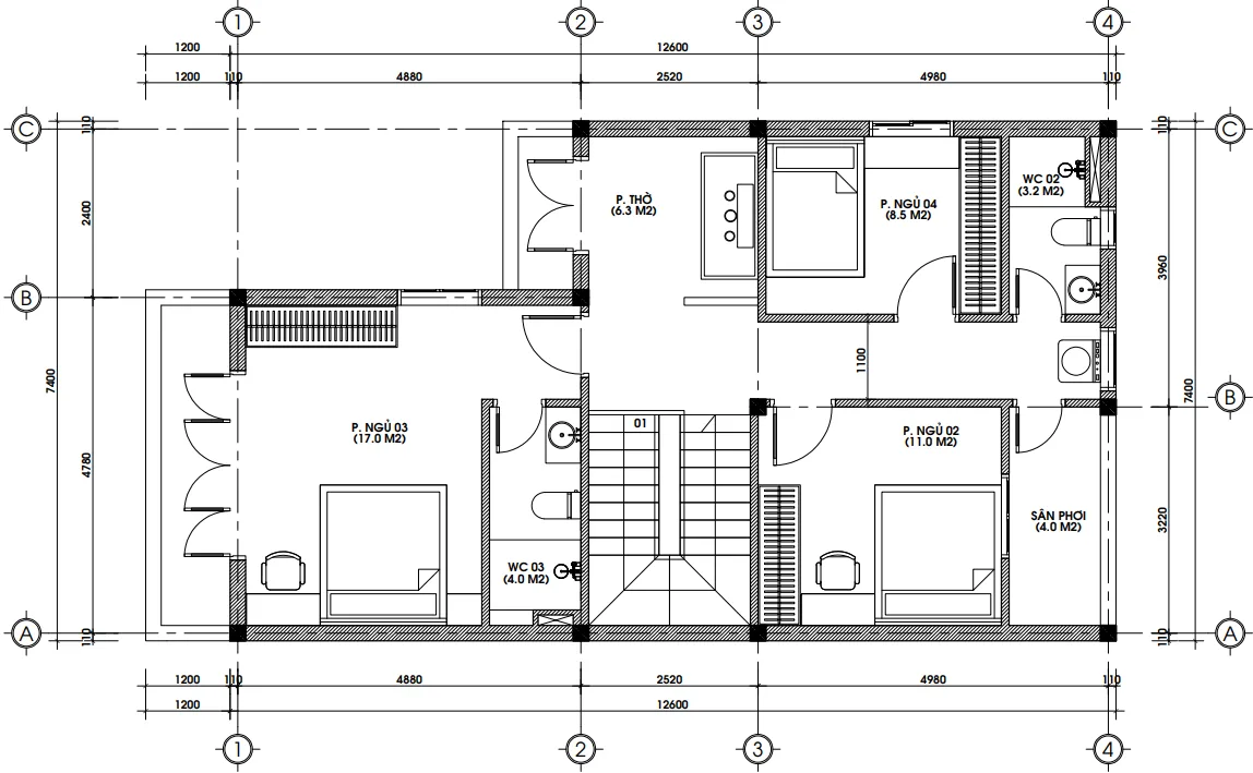 Bản vẽ mặt bằng công năng tầng 2 mẫu nhà phố 2 tầng hiện đại diện tích 85m2.