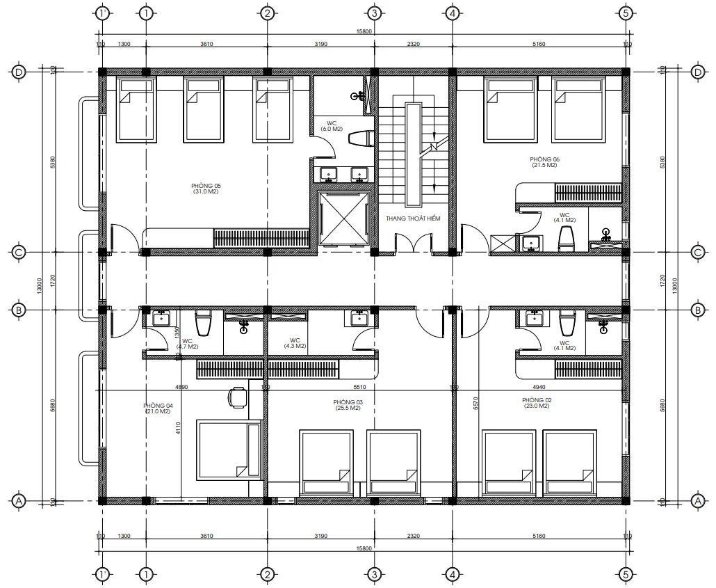 Bản vẽ mặt bằng công năng tầng 2,3,4 mẫu nhà phố tân cổ điển 4 tầng kết hợp khu vực kinh doanh.