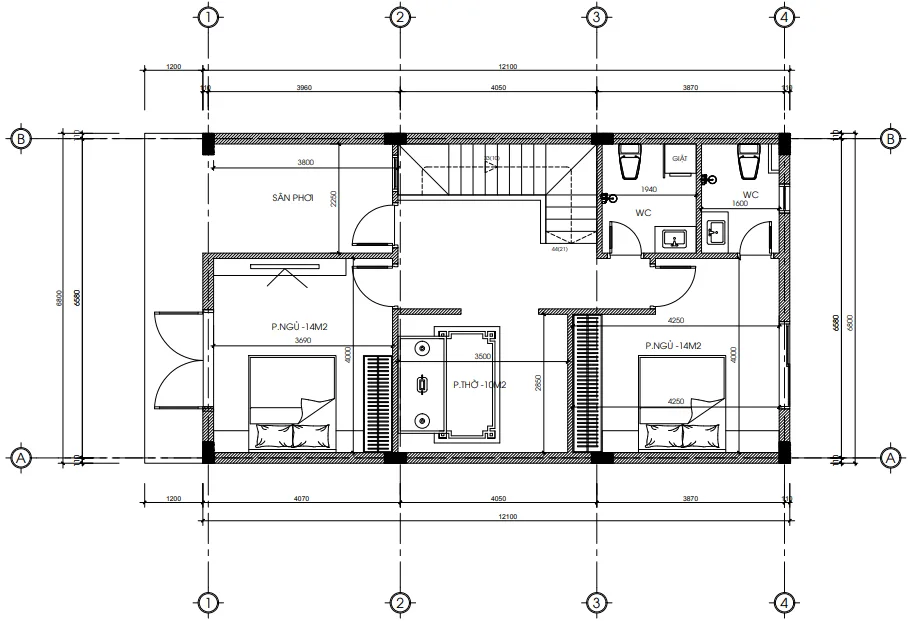 Bản vẽ bố trí công năng tầng 3 diện tích 80m2 với phòng thờ, 2 ngủ và sân phơi.