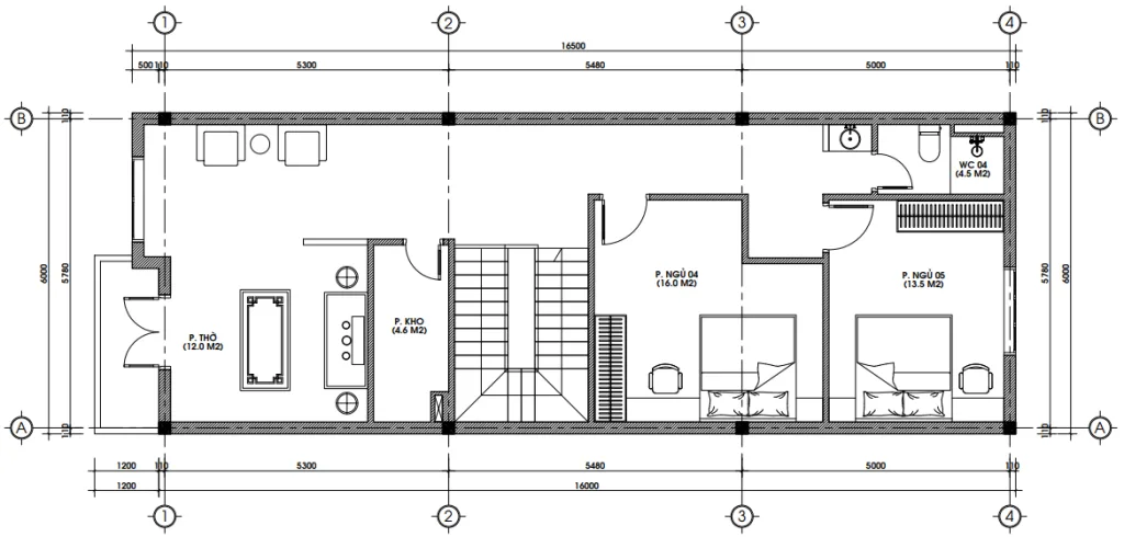Bản vẽ bố trí công năng tầng 3 mẫu nhà ống 3 tầng hiện đại diện tích 95m2