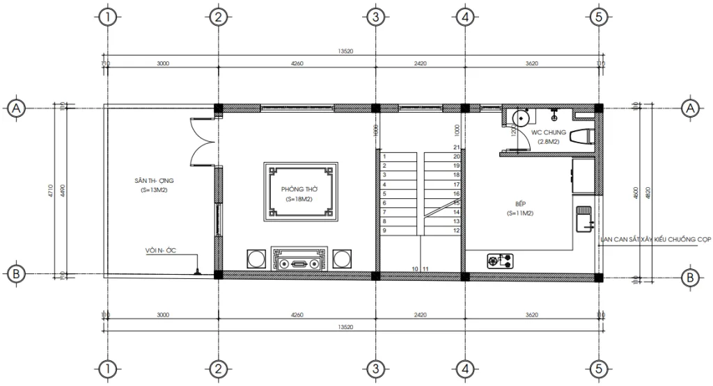 Bản vẽ bố trí công năng tầng 3 mẫu nhà ống 3 tầng hiện đại diện tích 50m2 gồm phòng thờ và bếp.