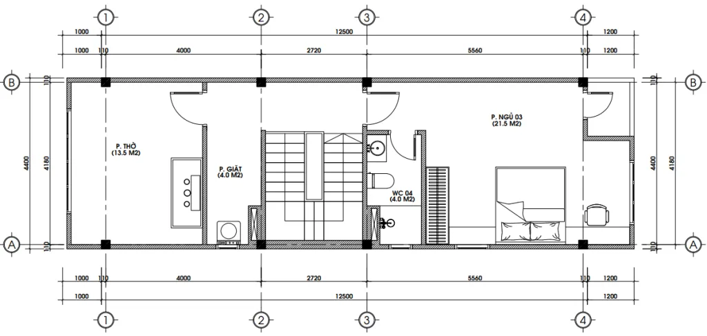 Bản vẽ chi tiết mặt bằng công năng tầng 3 mẫu nhà ống 3 tầng đẹp diện tích 65m2.