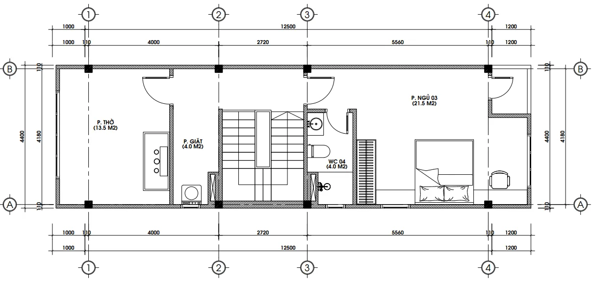 Bản vẽ chi tiết mặt bằng công năng tầng 3 mẫu nhà ống 3 tầng đẹp diện tích 65m2.