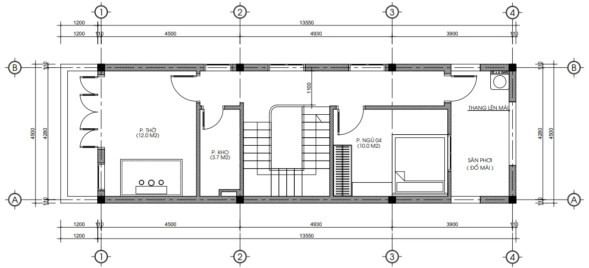 Bản vẽ bố trí công năng tầng 3 mẫu nhà ống 3 tầng hiện đại diện tích 66m2.