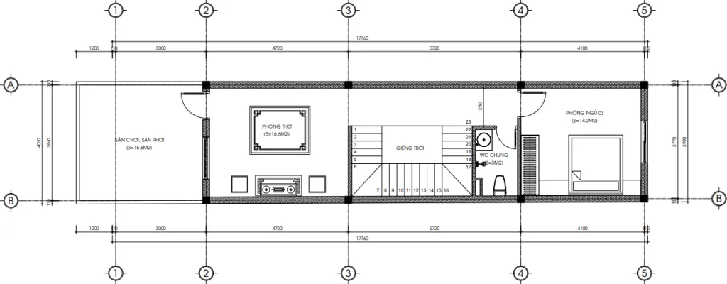 Bản vẽ bố trí công năng tầng 3 mẫu nhà phố 3 tầng hiện đại diện tích thiết kế 60m2.