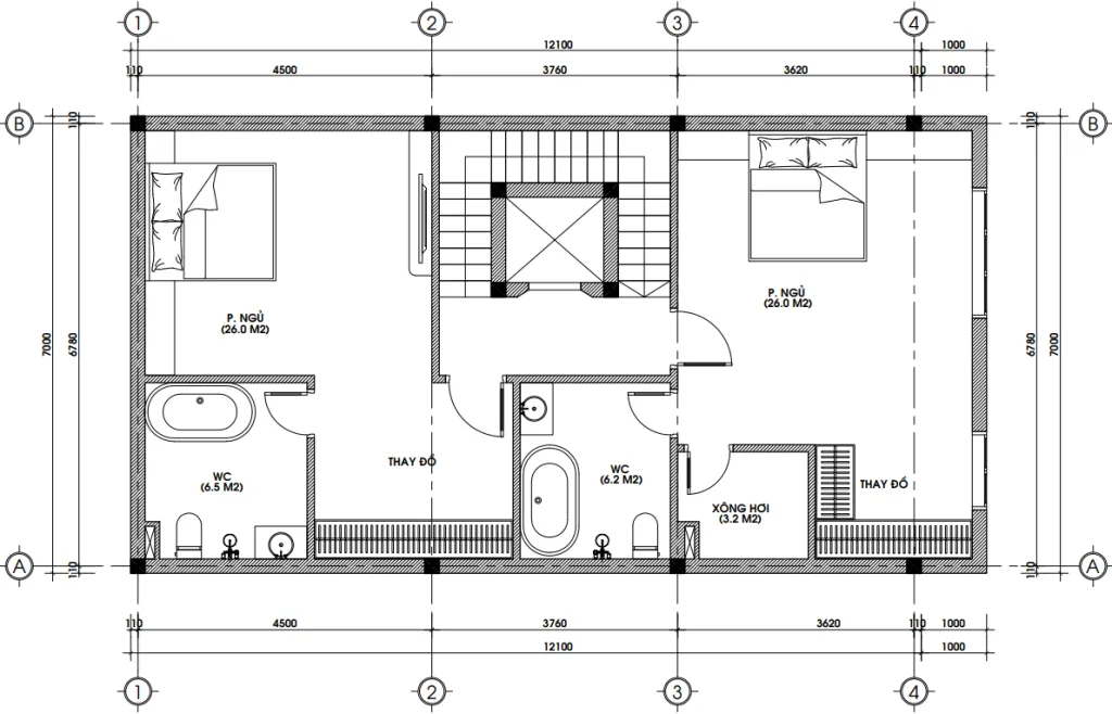 Bản vẽ bố trí công năng tầng 3 mẫu nhà phố tân cổ điển 5 tầng diện tích 91m2
