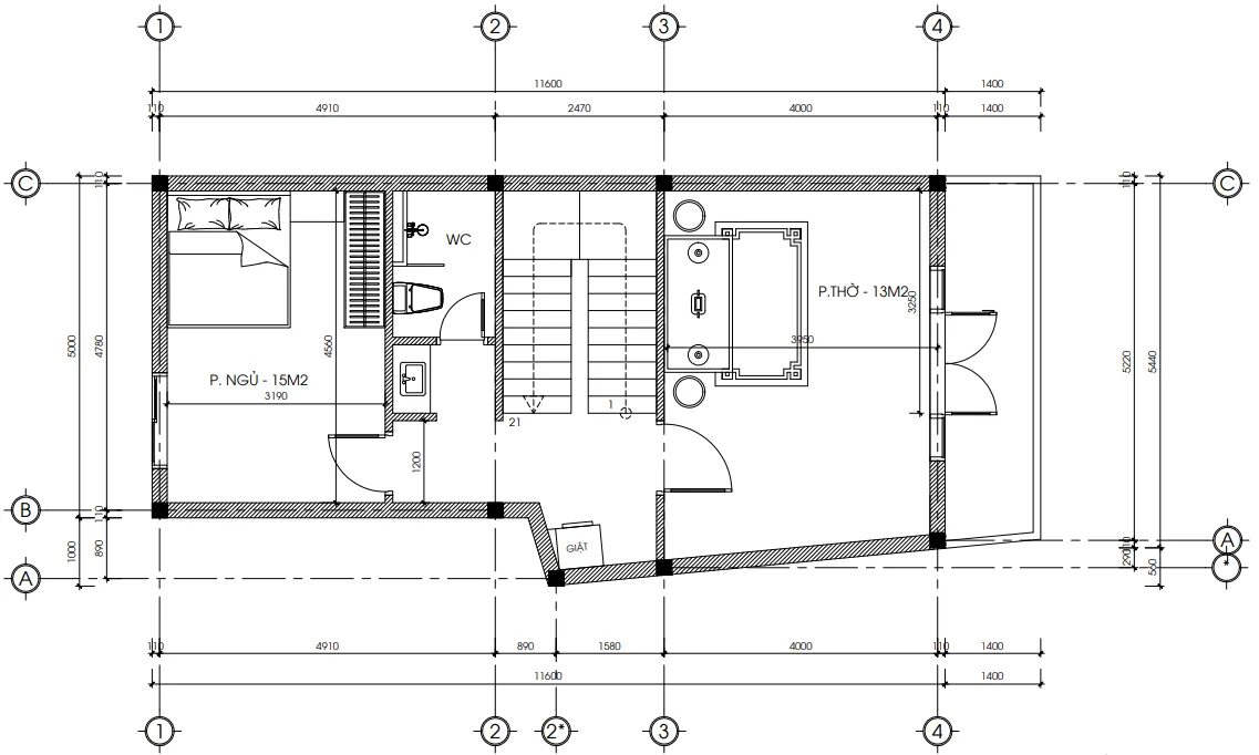 Bản vẽ mặt bằng tầng 3 mẫu nhà phố tân cổ điển 3 tầng diện tích 65m2 gồm phòng thờ và 1 phòng ngủ.