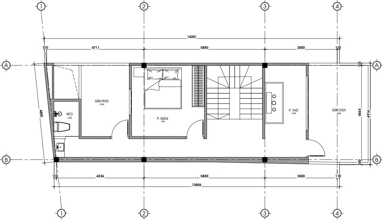 Bản vẽ chi tiết mặt bằng công năng tầng 3 mẫu nhà phố 3 tầng hiện đại diện tích 75m2.