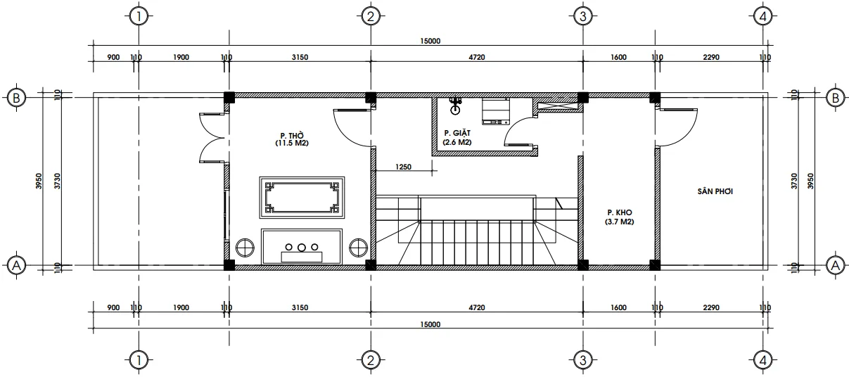 Bản vẽ mặt bằng tầng 4 mẫu nhà phố 4x15m gồm phòng thờ, kho và sân phơi