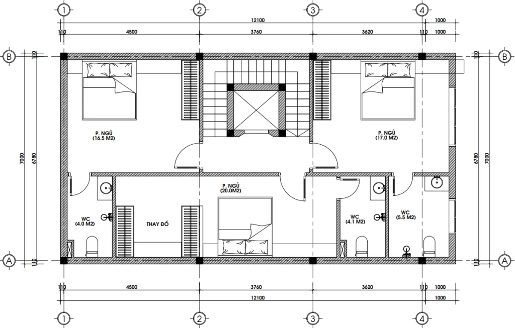 Bản vẽ bố trí công năng tầng 4 mẫu nhà phố tân cổ điển 5 tầng diện tích 91m2