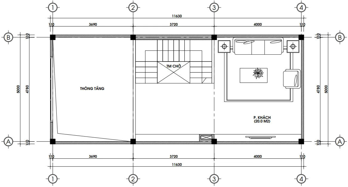 Bản vẽ mặt bằng tầng lửng diện tích 43m2 của mẫu nhà phố 4 tầng có gác lửng hiện đại.