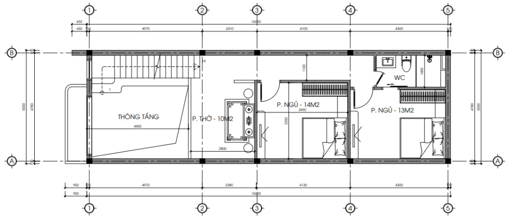Bản vẽ bố trí công năng tầng lửng mẫu nhà gác lửng hiện đại 80m2 gồm phòng thờ và 2 phòng ngủ.