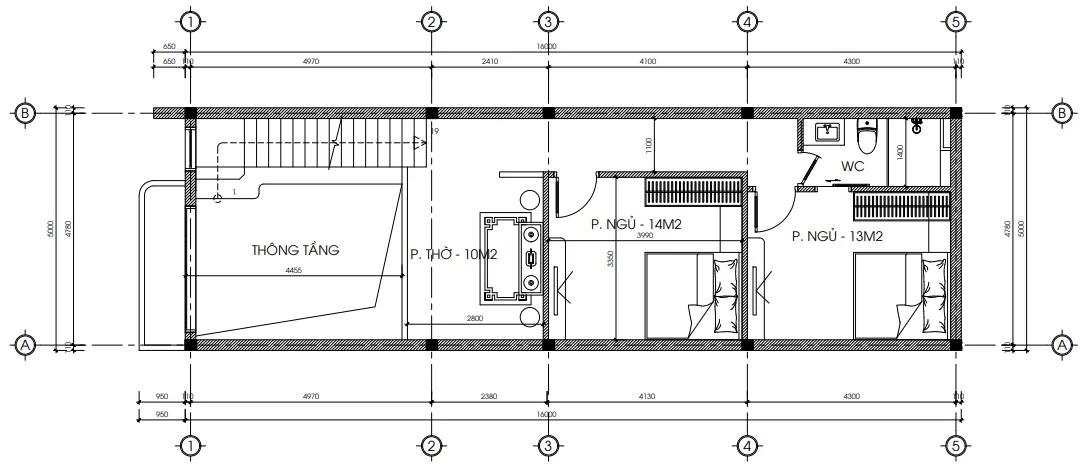 Bản vẽ bố trí công năng tầng lửng mẫu nhà gác lửng hiện đại 80m2 gồm phòng thờ và 2 phòng ngủ.