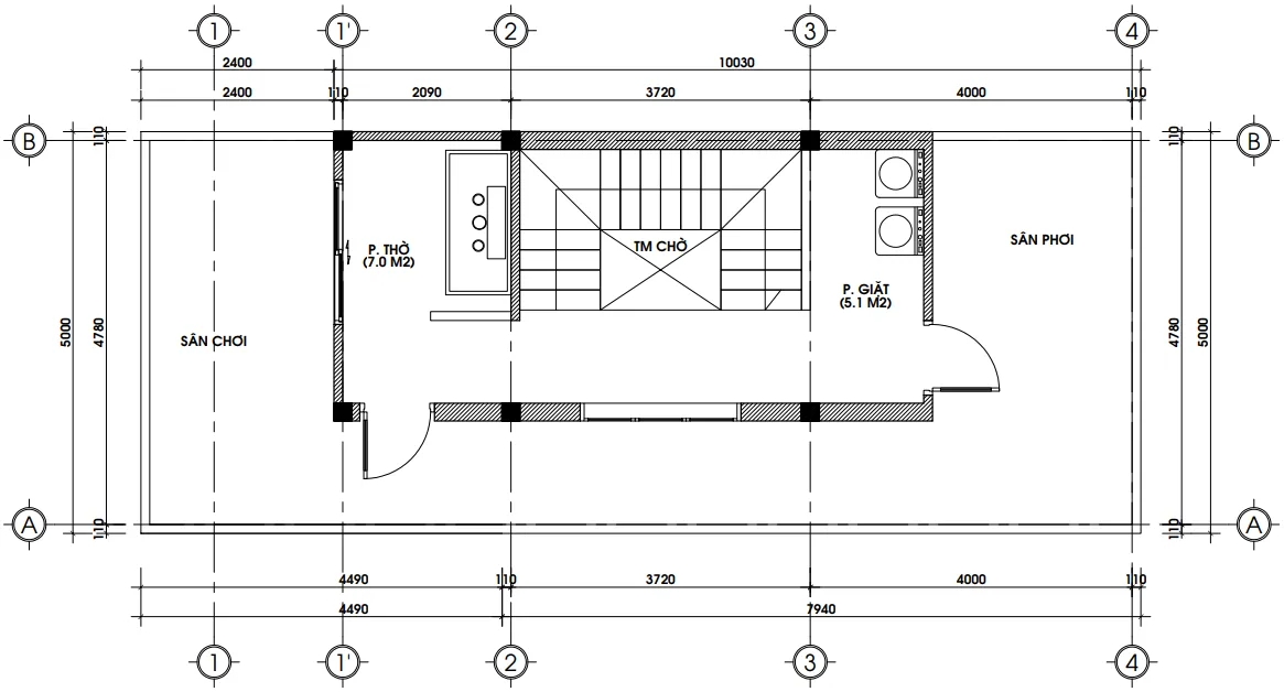 Bản vẽ mặt bằng tầng tum diện tích 28m2 của mẫu nhà phố 4 tầng có gác lửng hiện đại.