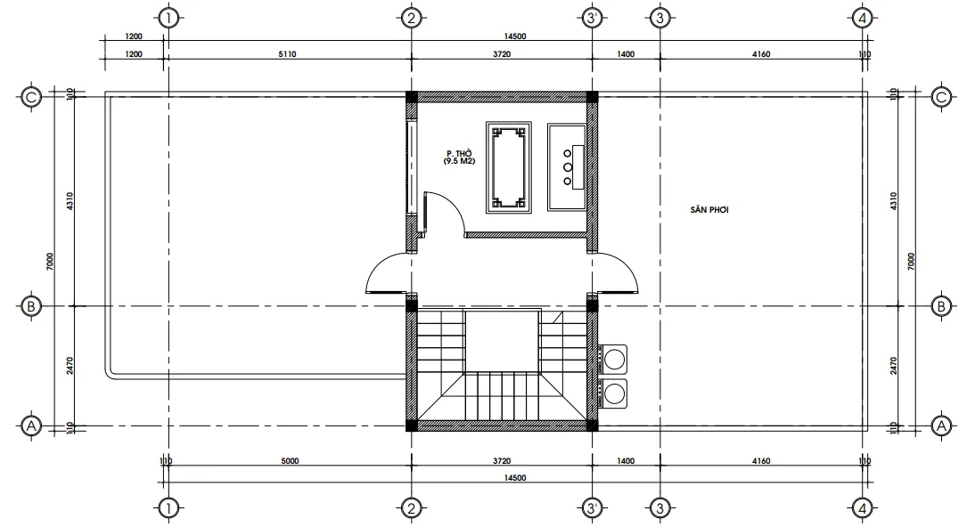 Bản vẽ bố trí công năng tầng tum mẫu nhà ống 2 tầng 1 tum hiện đại diện tích 30m2.
