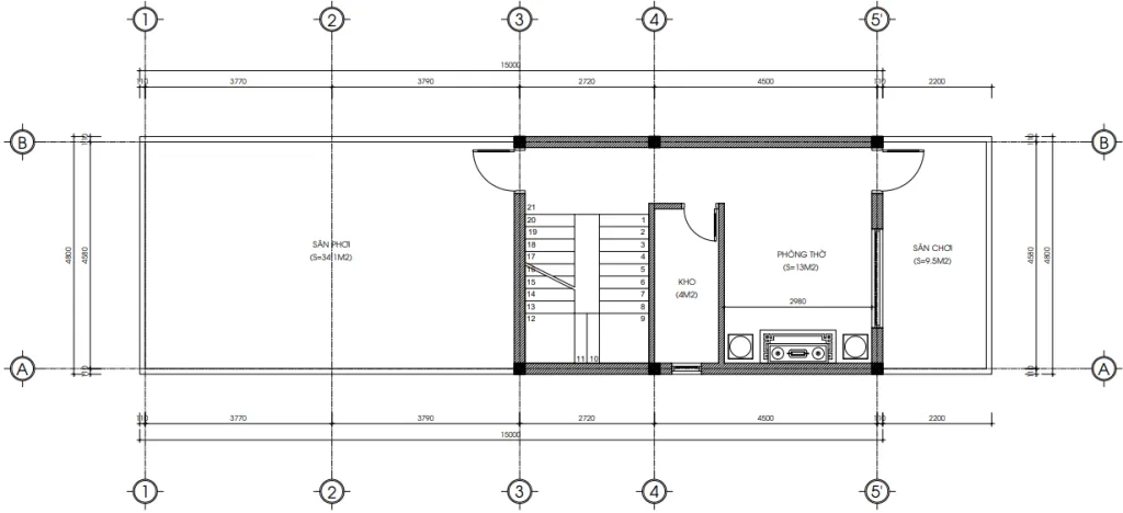 Bản vẽ bố trí công năng tầng tum mẫu nhà ống 2 tầng 1 tum hiện đại diện tích 36m2 của Techhome.