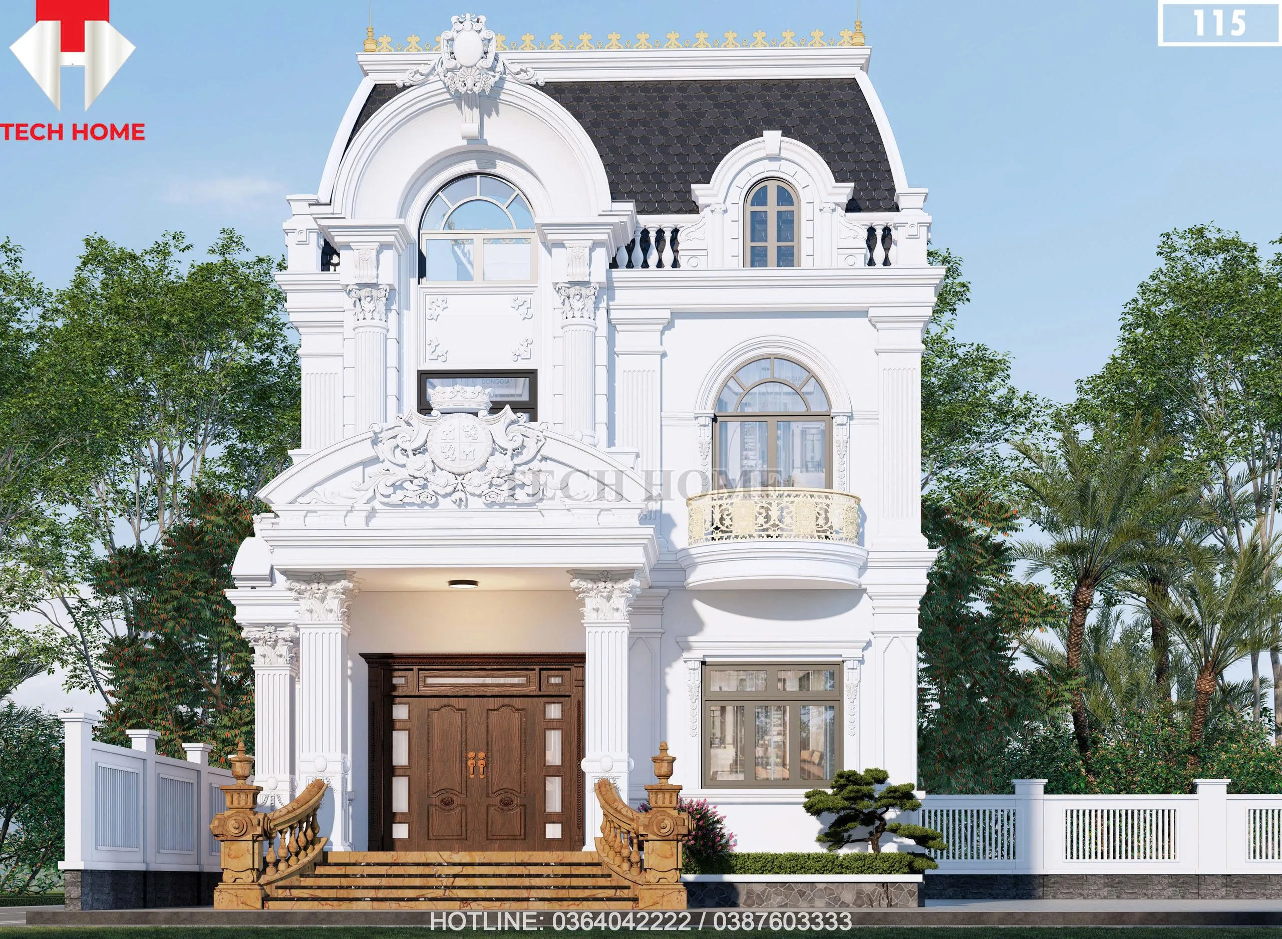 Phối cảnh mặt tiền chính diện mẫu biệt thự tân cổ điển 2 tầng mái Mansard sang trọng tại Hà Nội.