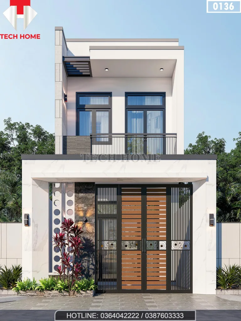 Thiết kế cổng và sân trước mẫu nhà ống 2 tầng 4x15m sang trọng, tinh tế.
