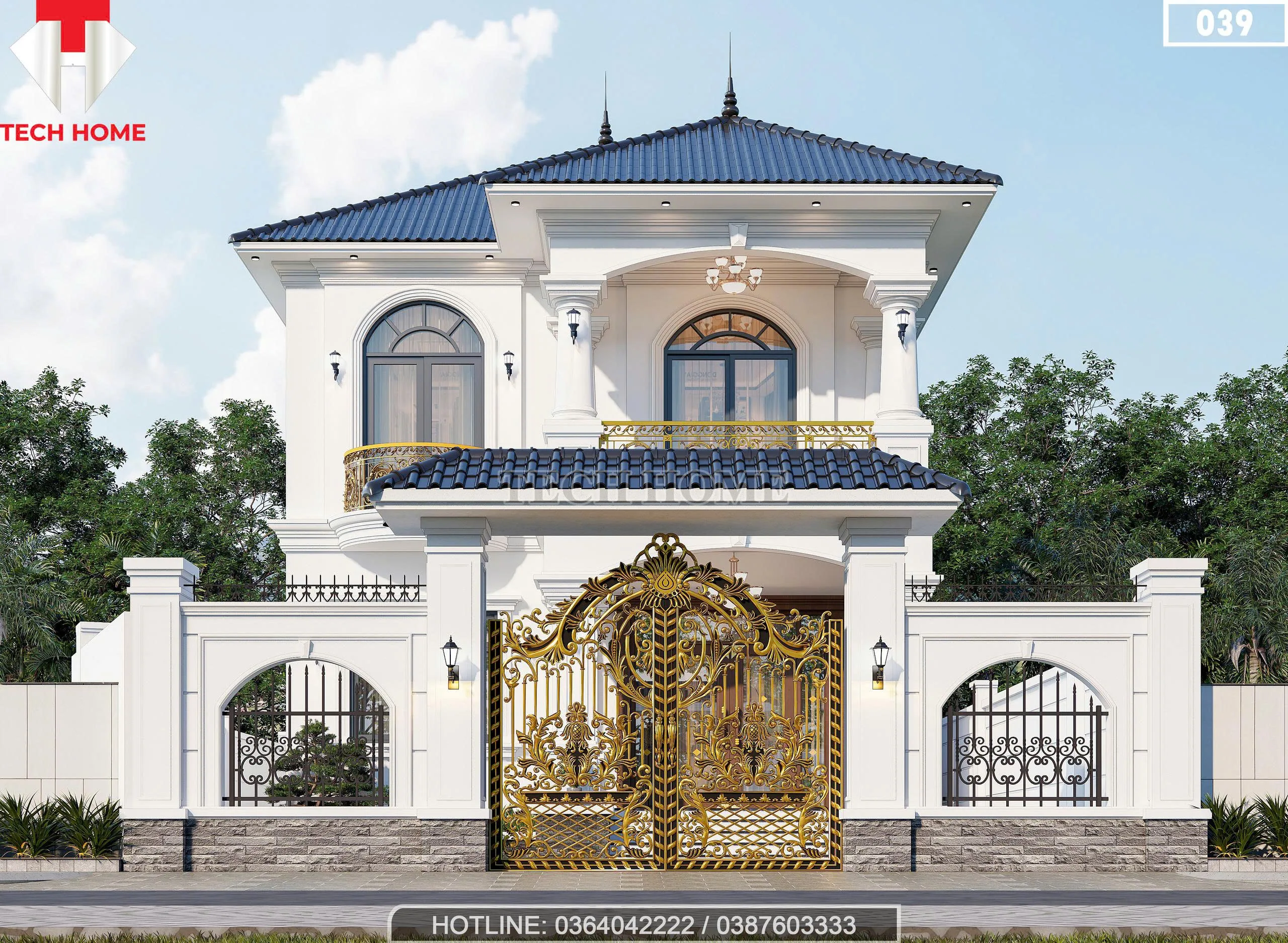 Cổng nhôm đúc nghệ thuật và tường rào mẫu nhà mái Nhật 2 tầng tân cổ điển hiện đại.