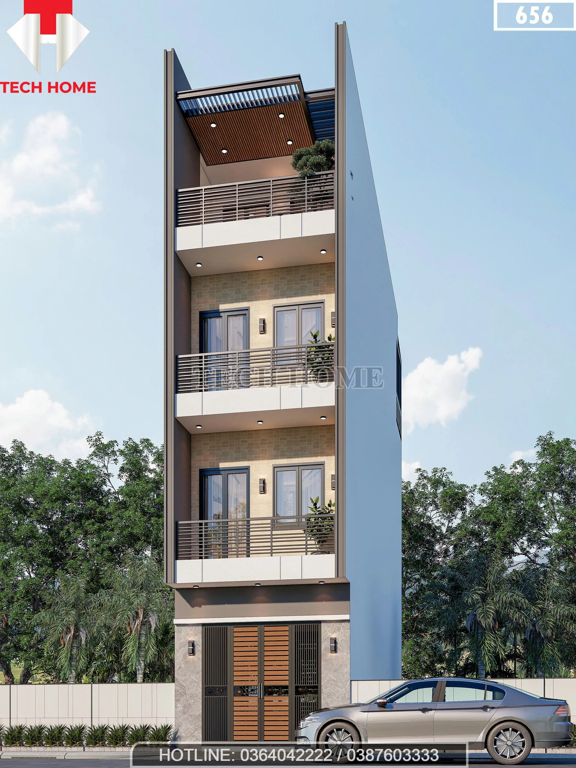 Góc nghiêng mẫu nhà phố 4 tầng 4x15m hiện đại