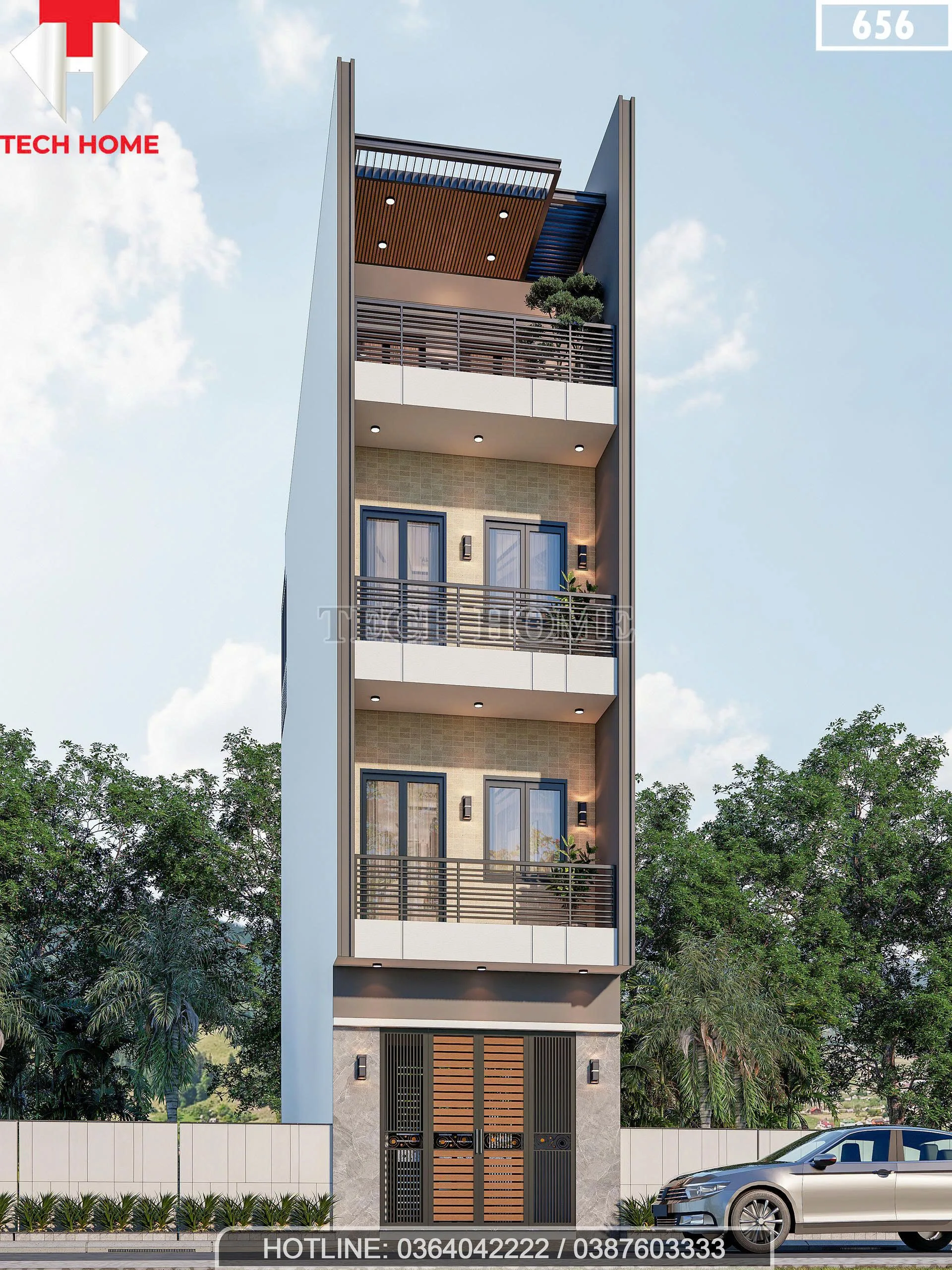 Góc nghiêng mẫu nhà phố 4 tầng 4x15m hiện đại