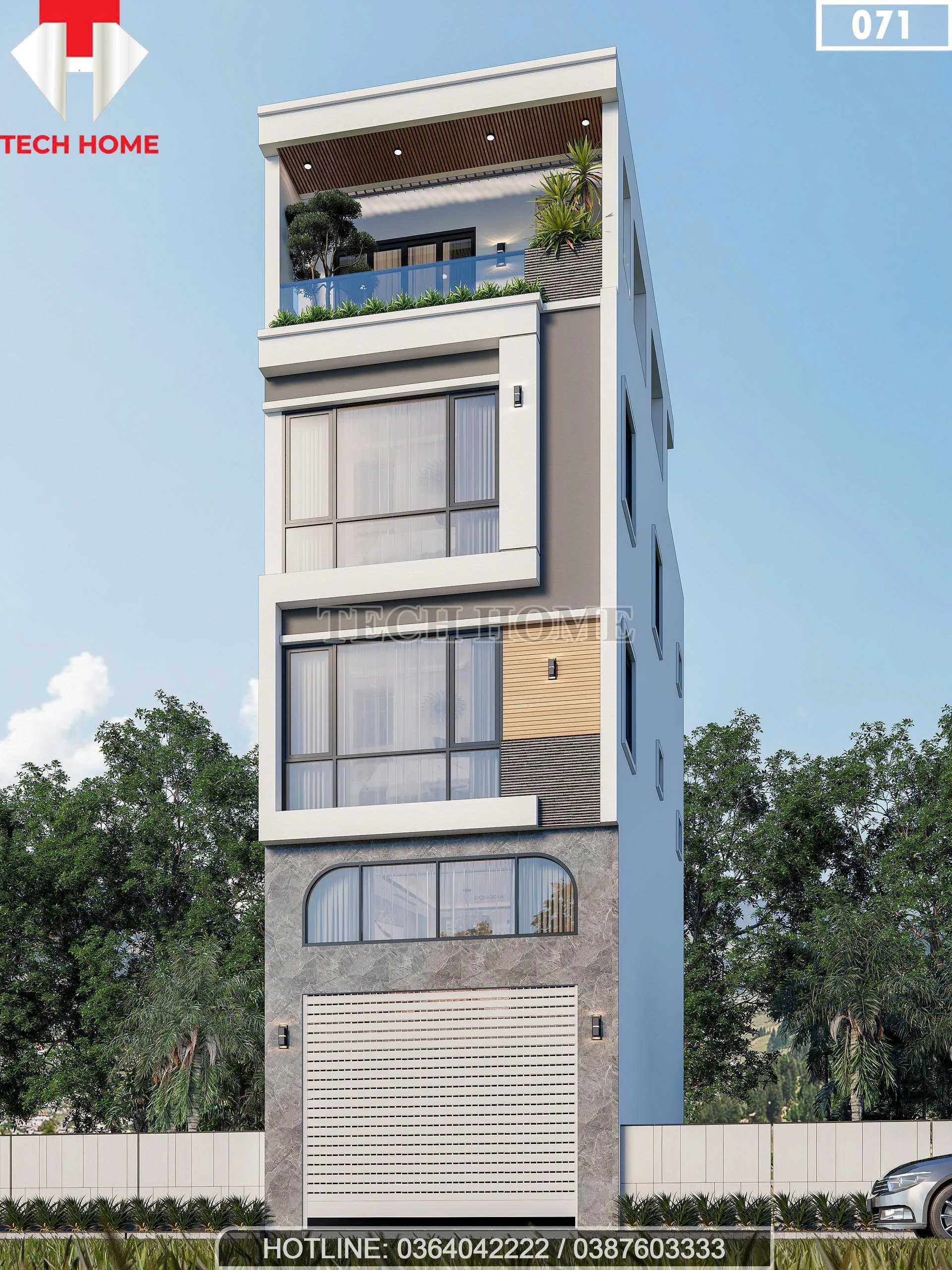 Góc nghiêng mẫu nhà phố 4 tầng có gác lửng hiện đại