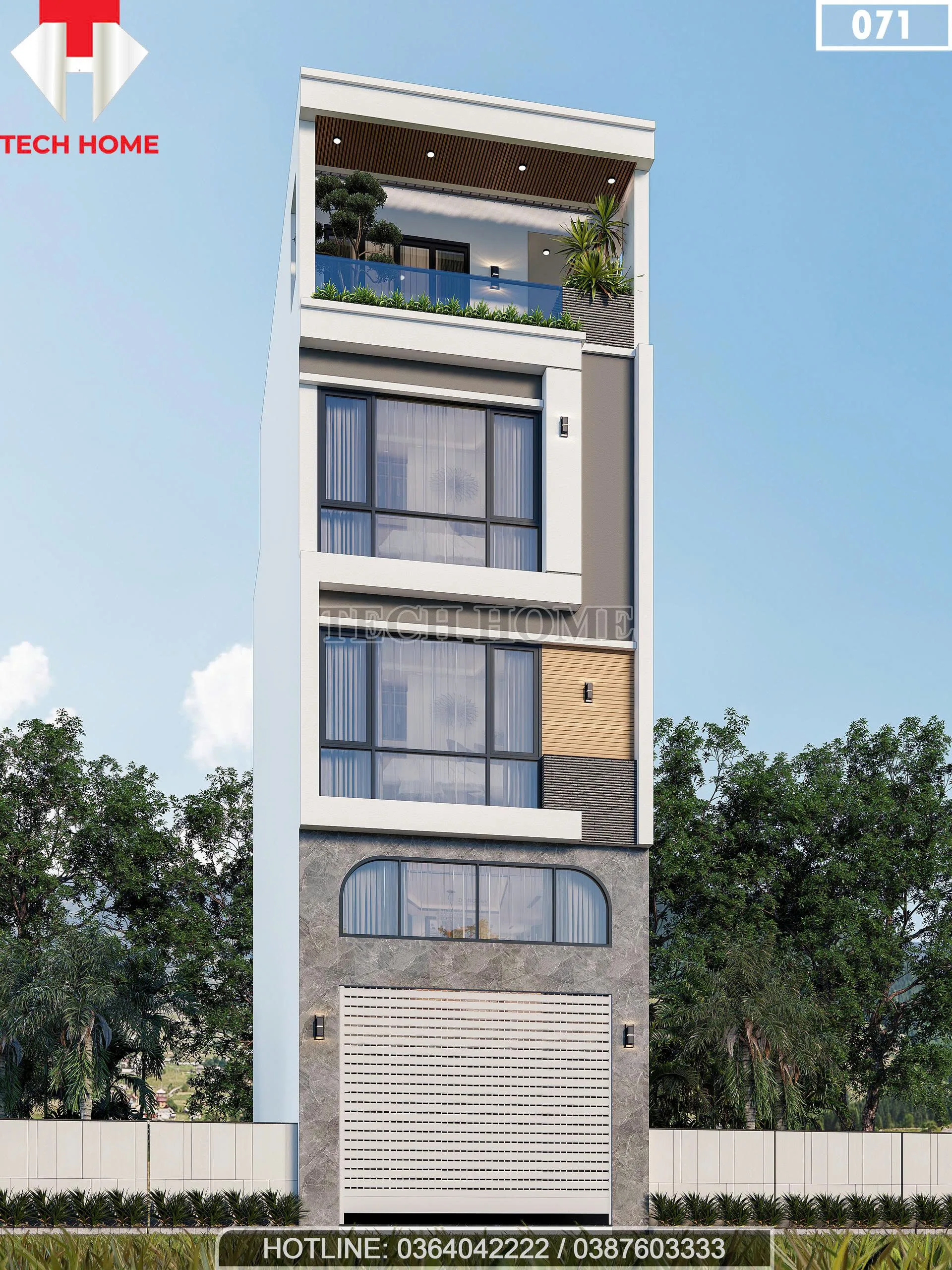 Góc nghiêng mẫu nhà phố 4 tầng có gác lửng hiện đại