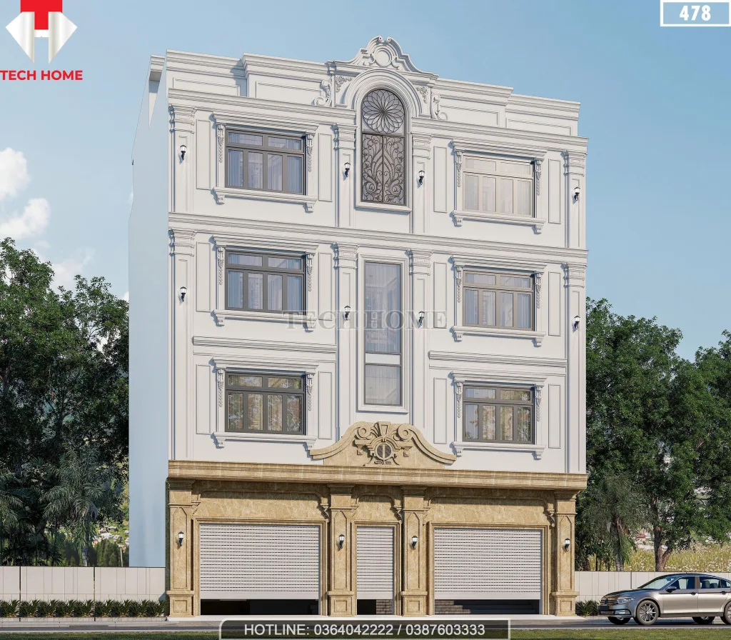 góc nghiêng mẫu nhà phố tân cổ điển 4 tầng