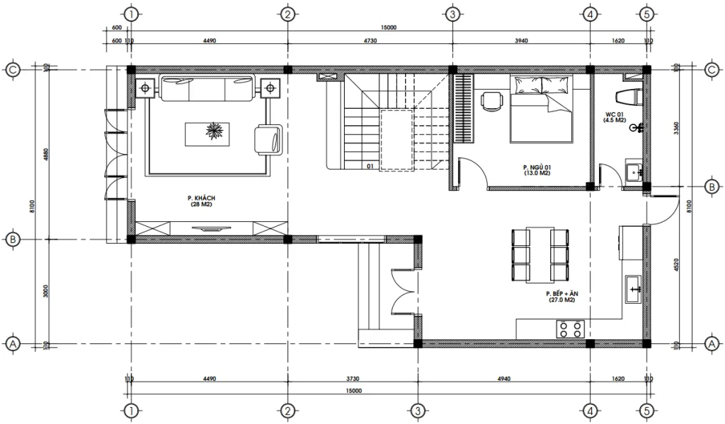 Bản vẽ chi tiết mặt bằng công năng tầng 1 mẫu nhà mái Nhật 2 tầng hiện đại có phòng ngủ tầng 1.