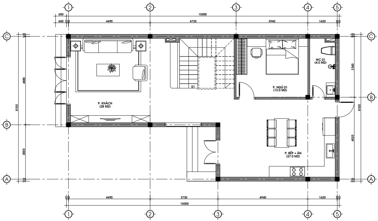 Bản vẽ chi tiết mặt bằng công năng tầng 1 mẫu nhà mái Nhật 2 tầng hiện đại có phòng ngủ tầng 1.